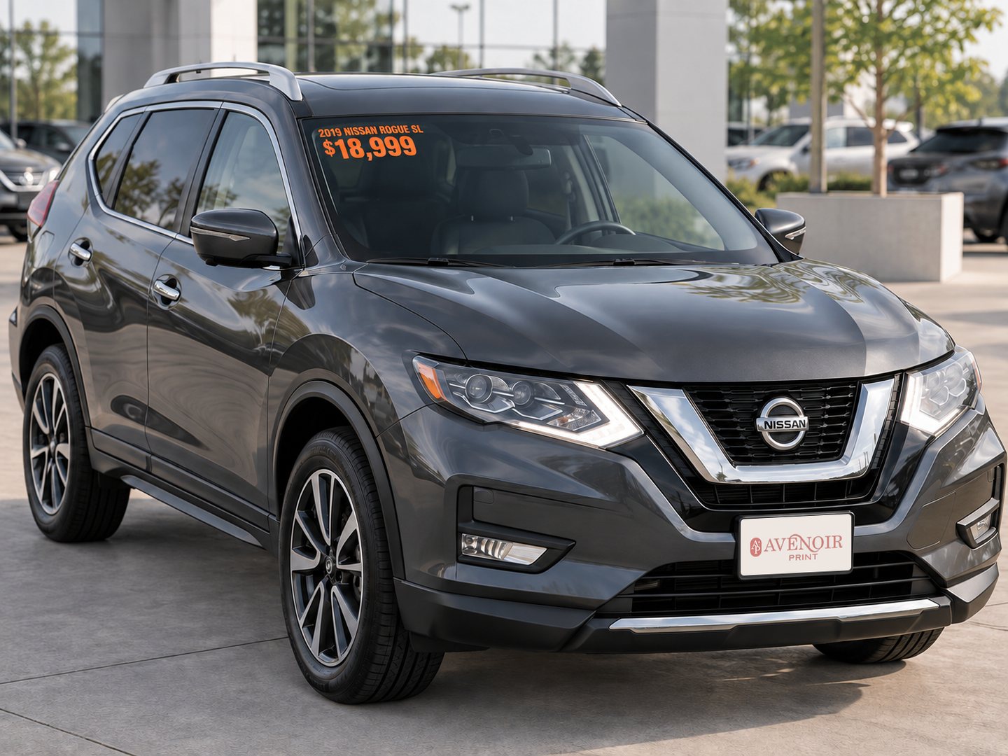 Illustrative charcoal Nissan Rogue with orange 2019 Nissan Rogue SL and $18,999 windshield lettering and an Avenoir Print logo on the front plate