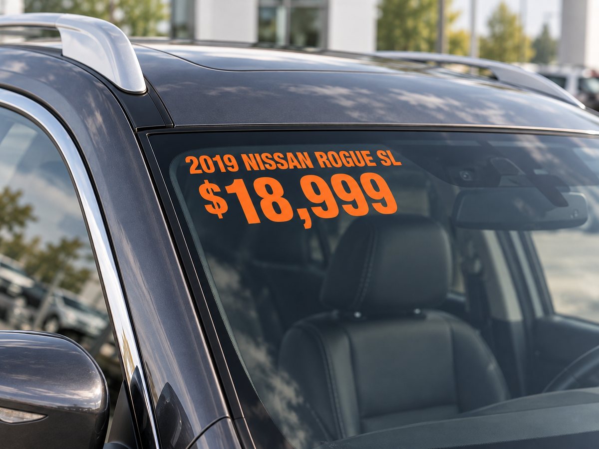 Close-up of orange 2019 Nissan Rogue SL and $18,999 graphics displayed on a vehicle windshield