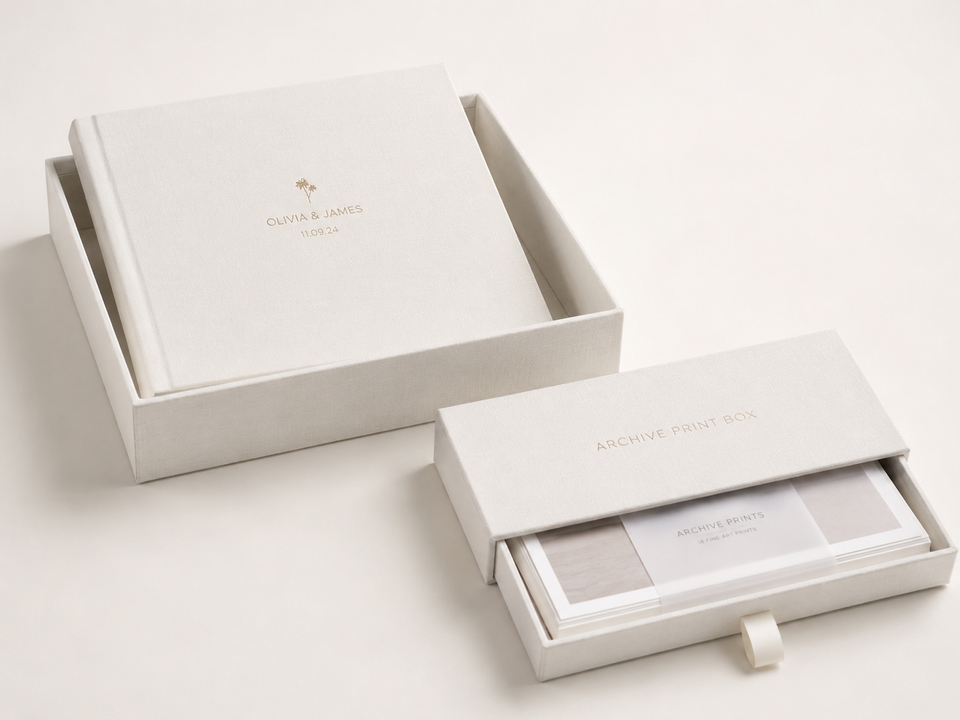Premium album, keepsake box, loose prints, letter, and memorabilia gathered as a family archive