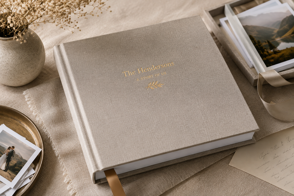 Premium linen album with personalized cover details and thicker page styling