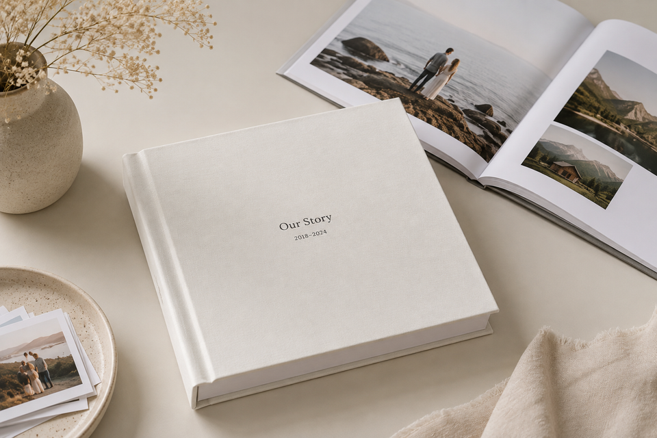 Open hardcover photo album with clean editorial spreads in a bright, warm setting