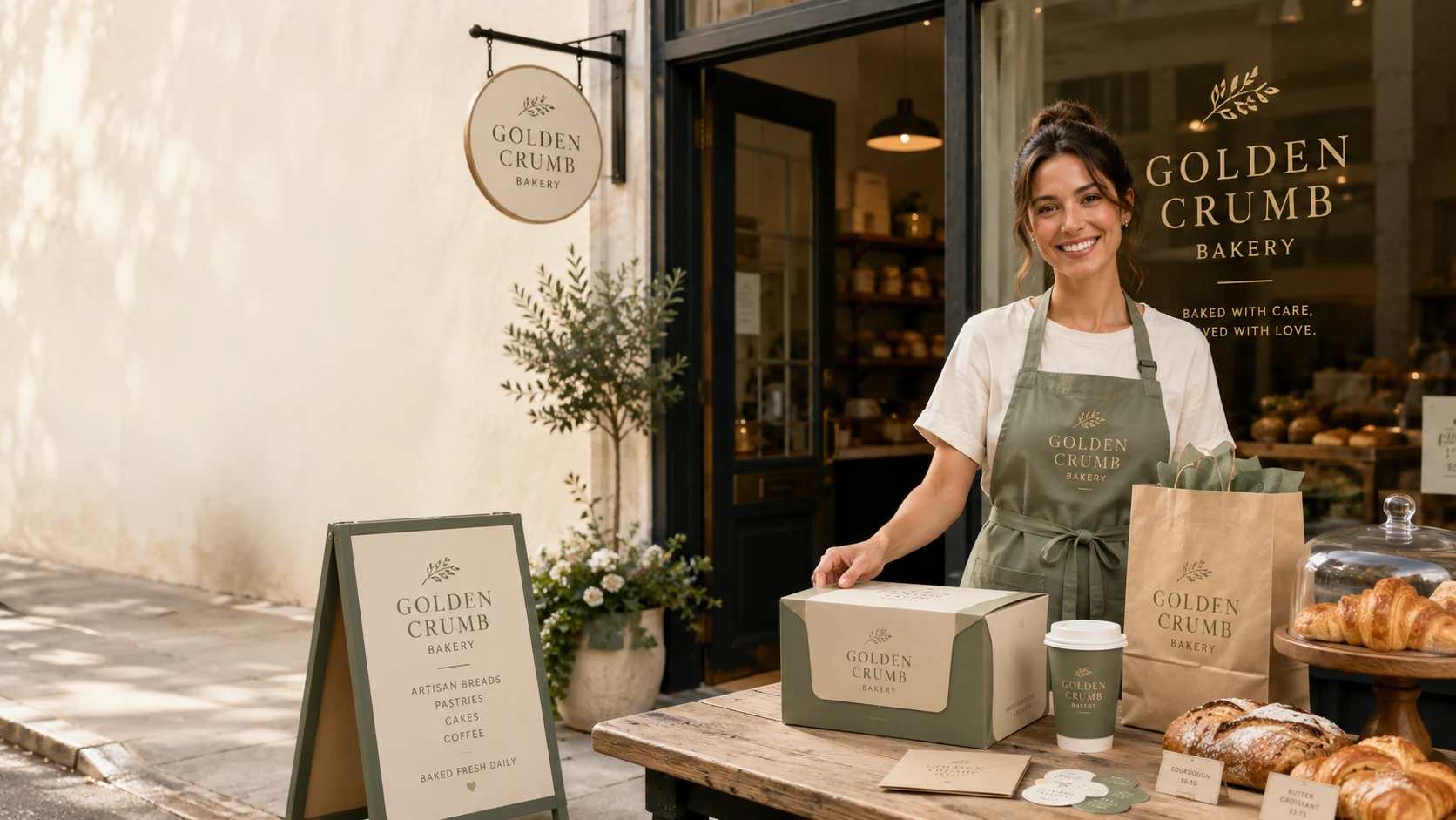 Bakery owner beside coordinated storefront graphics, branded apparel, packaging and signage