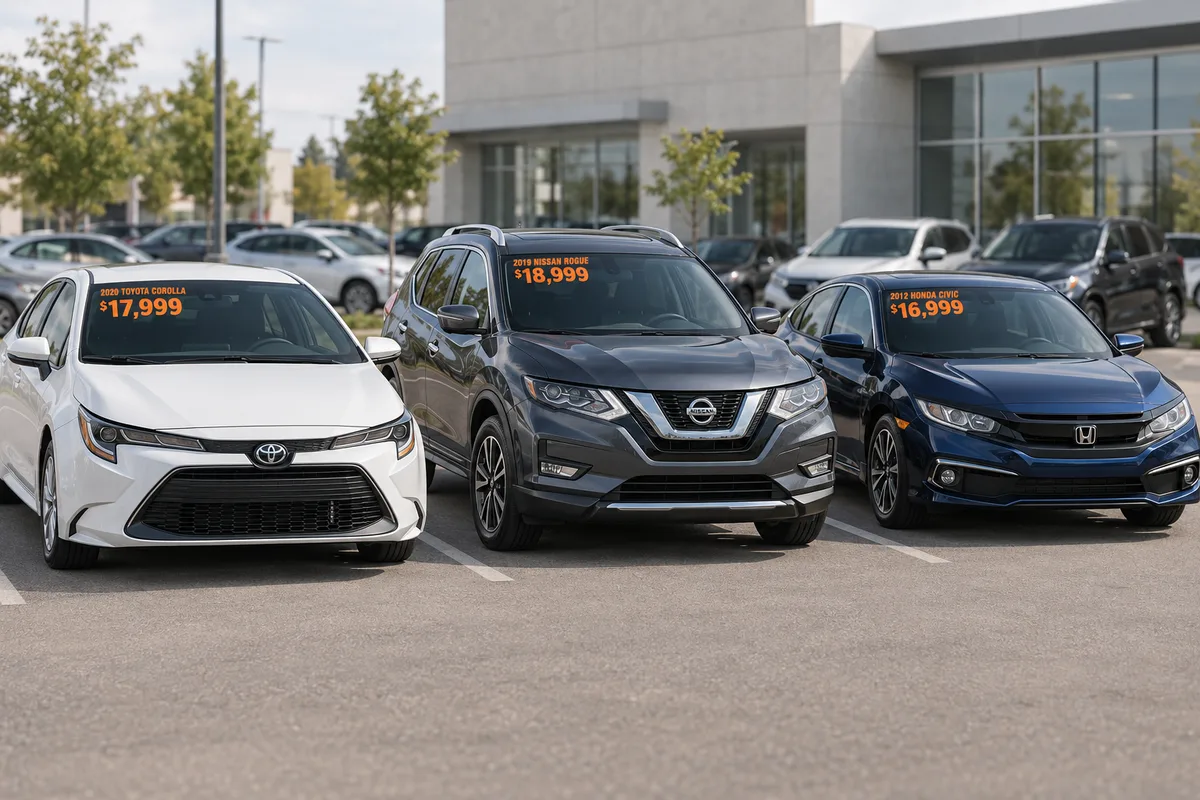 Three dealership vehicles with coordinated orange model and price lettering on their windshields