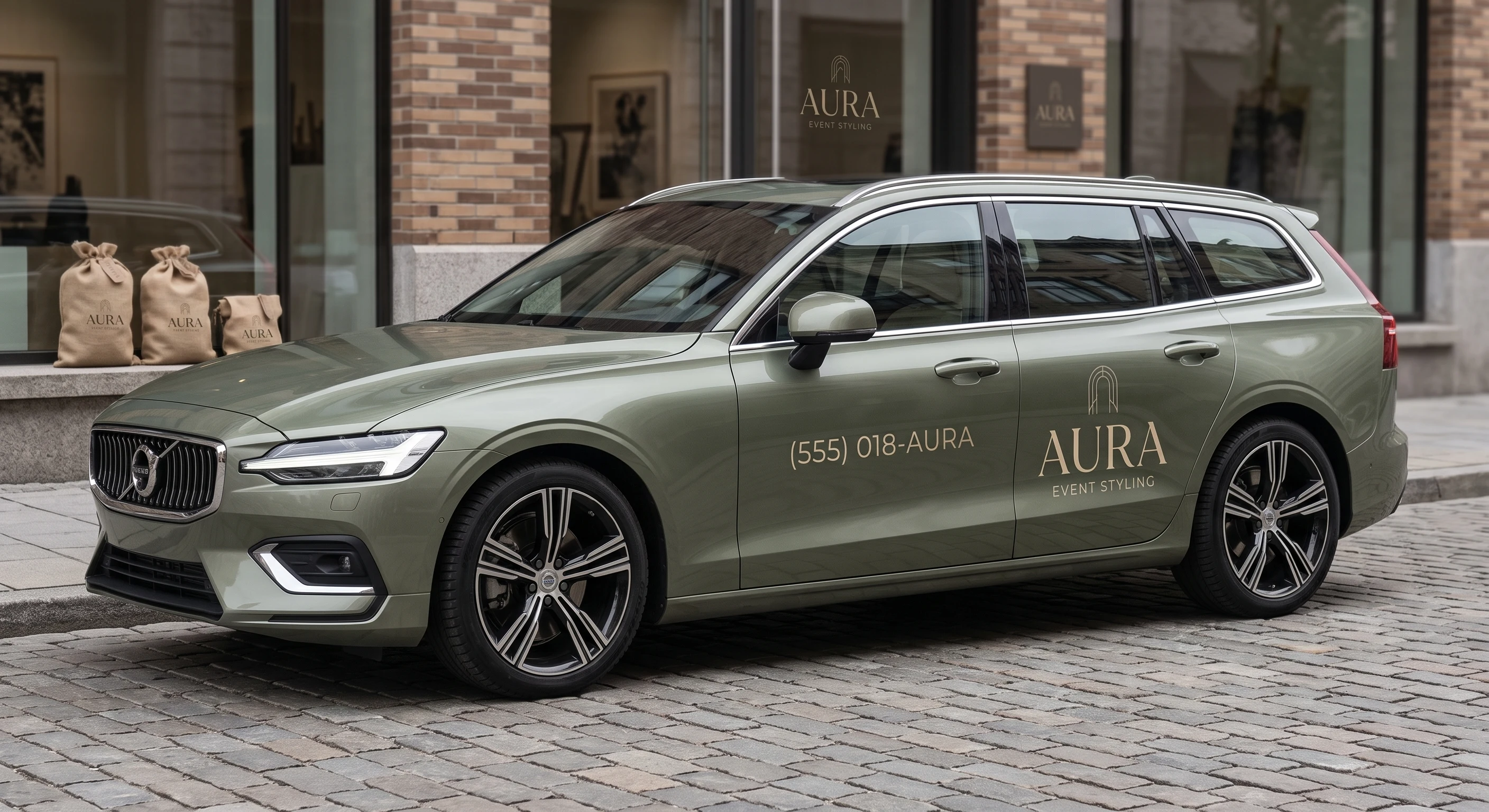 AURA Event Styling Volvo estate wagon with soft gold vehicle lettering