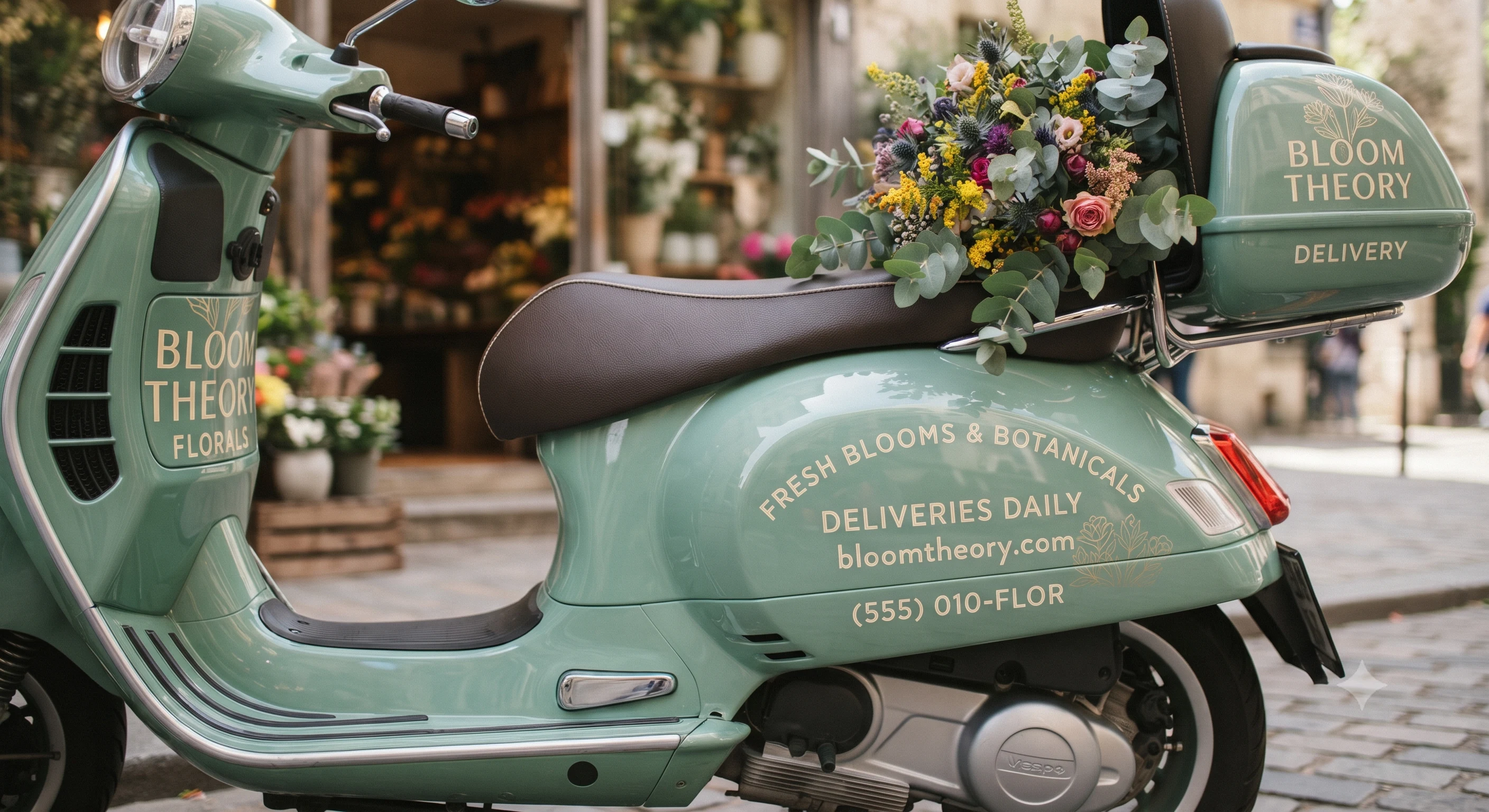 Sage green flower-delivery scooter with Bloom Theory Florals botanical lettering