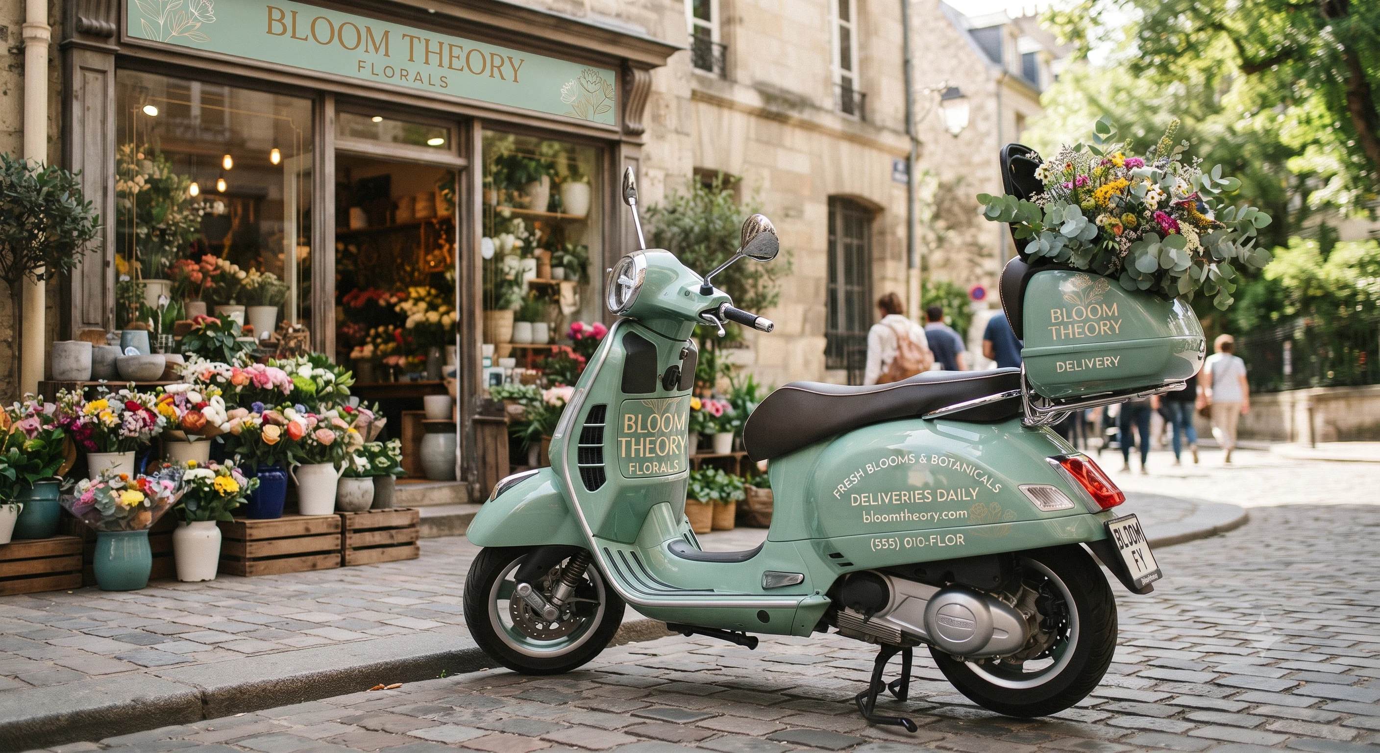 Sage green flower-delivery scooter outside a florist shop with Bloom Theory Florals lettering
