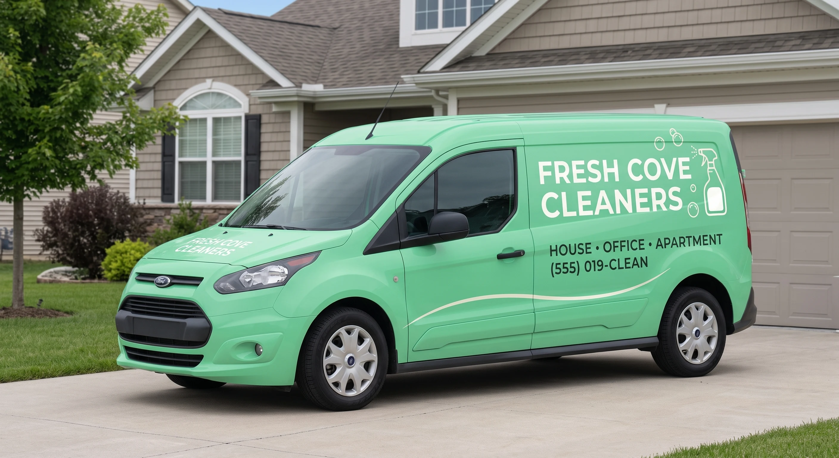 Fresh Cove Cleaners mint green service van with clean white and dark lettering on side panels