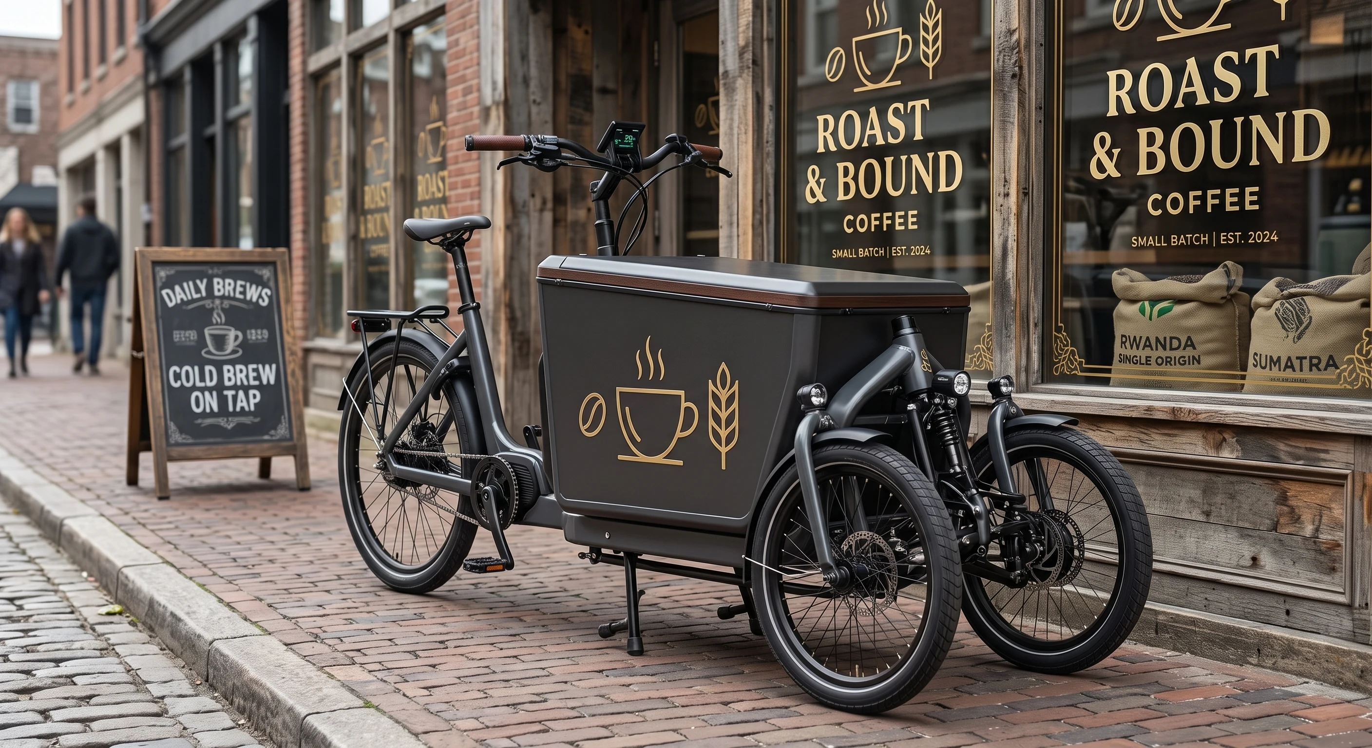 Roast and Bound Coffee cargo tricycle with gold lettering on a dark flat cargo panel