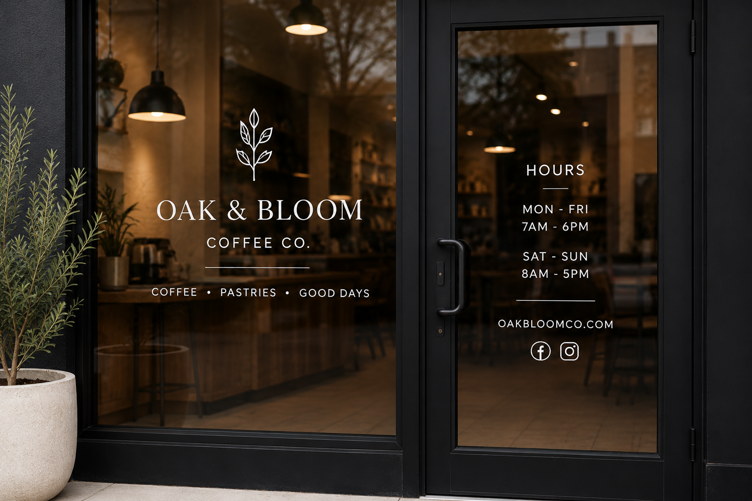 Storefront window and door lettering sample application in a cafe setting