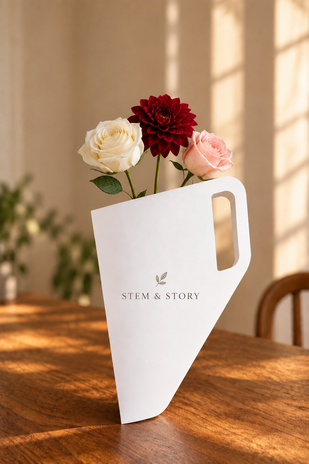 Custom branded flower holder holding three fresh flowers