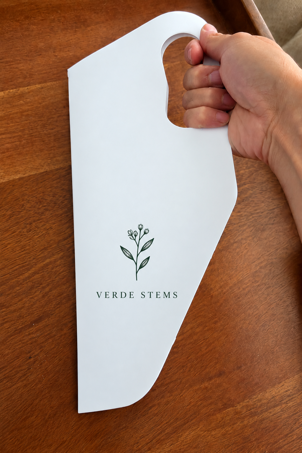 Standard flower holder with sample Verde Stems botanical branding