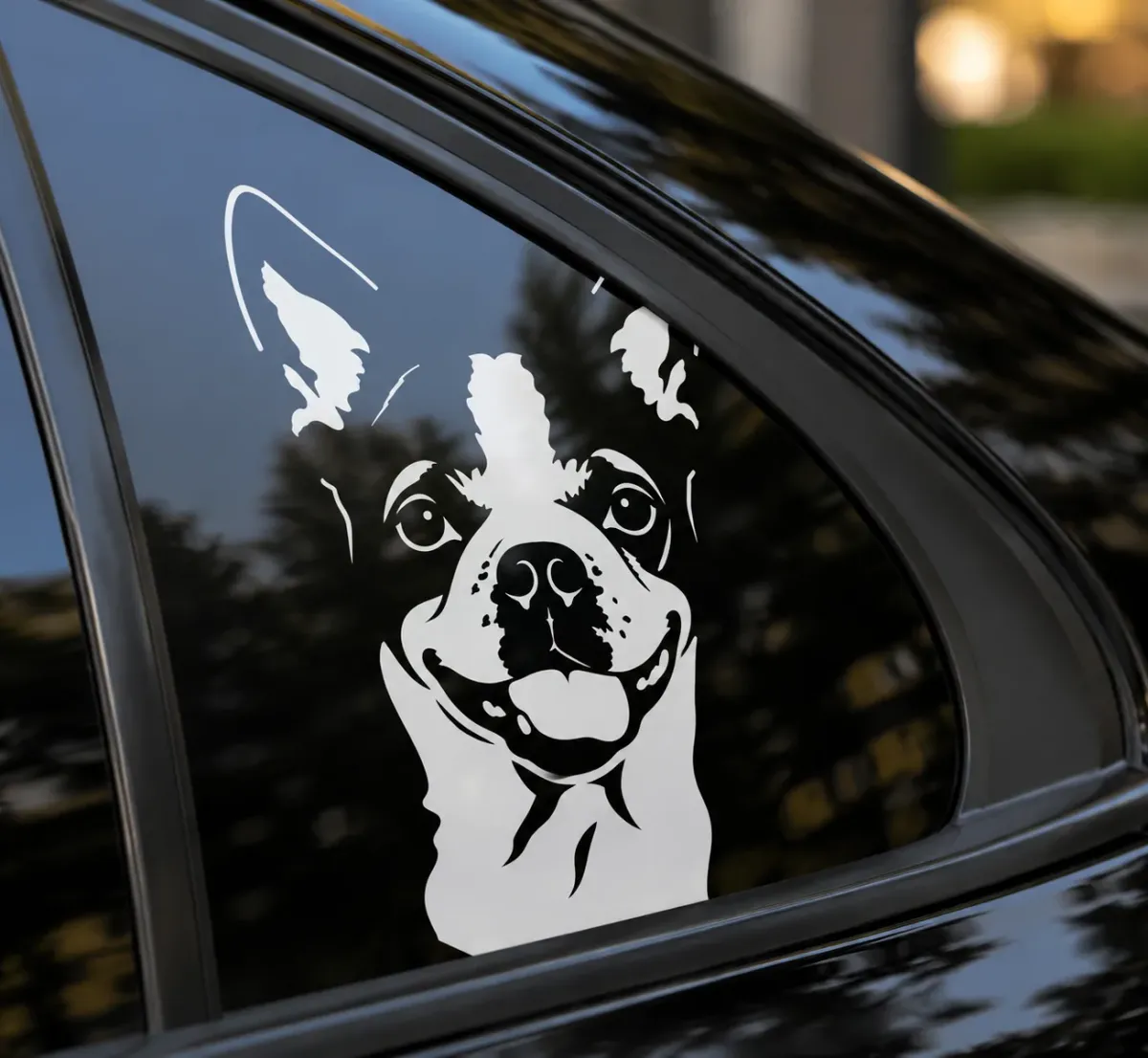 Large white custom dog portrait decal displayed on a dark vehicle window