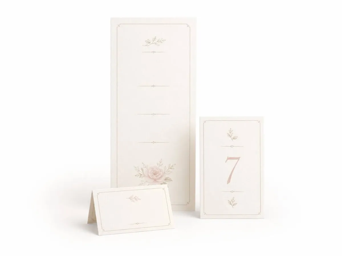 Soft blush wedding menu, table number and folded place card on a white background