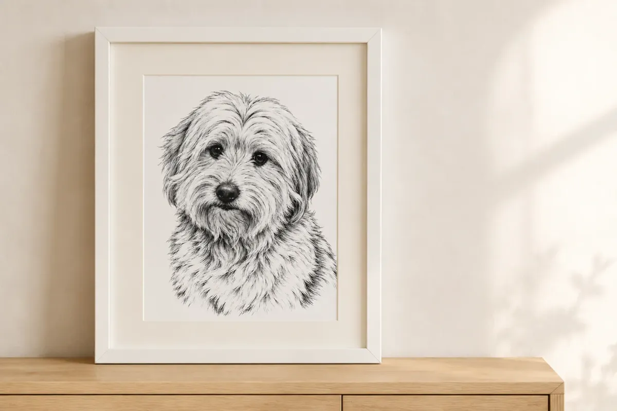 Detailed black and white pet portrait displayed in a white frame