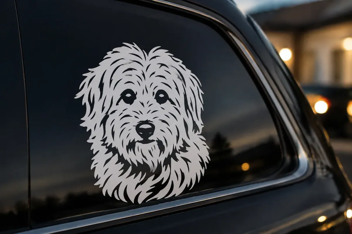 Finished custom pet portrait decal with the pet name Newt