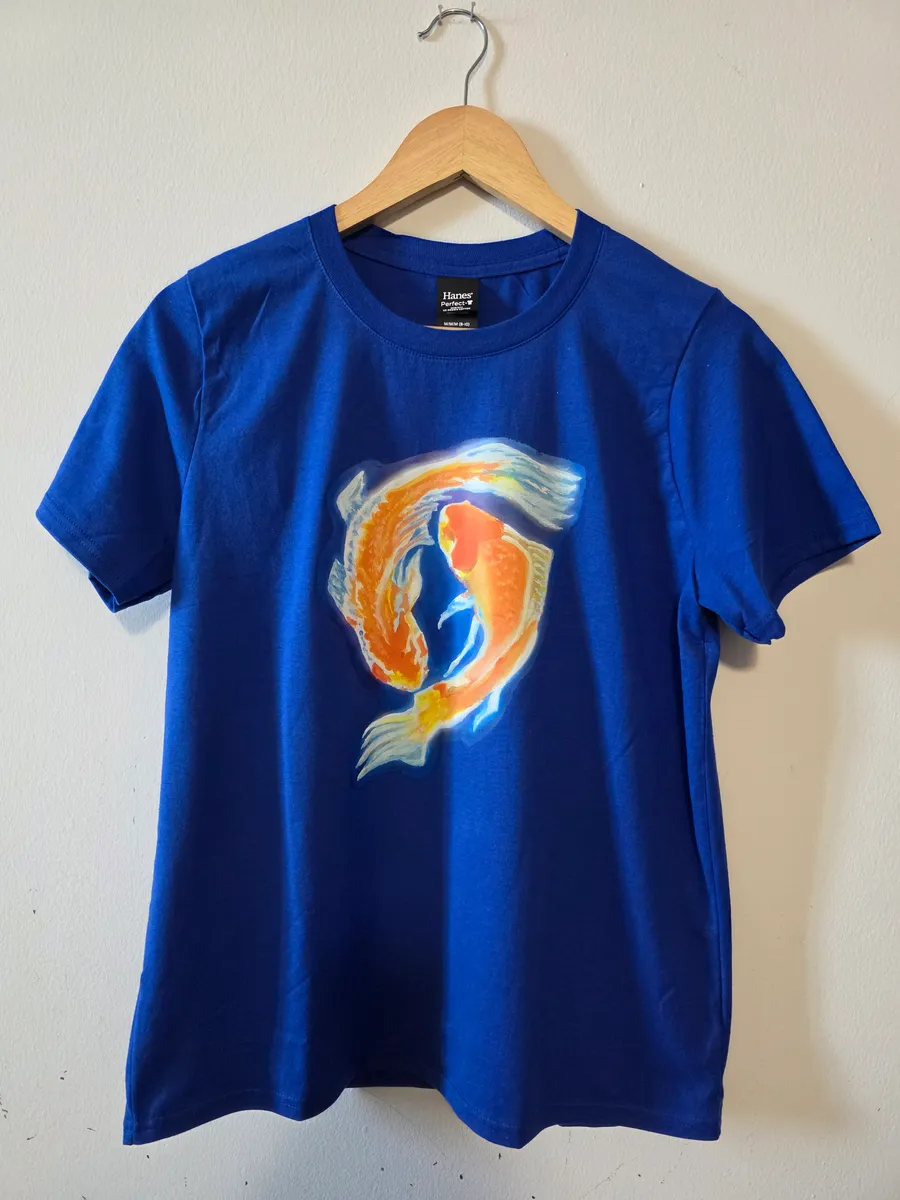 Blue shirt printed with a colourful Pisces koi-fish drawing
