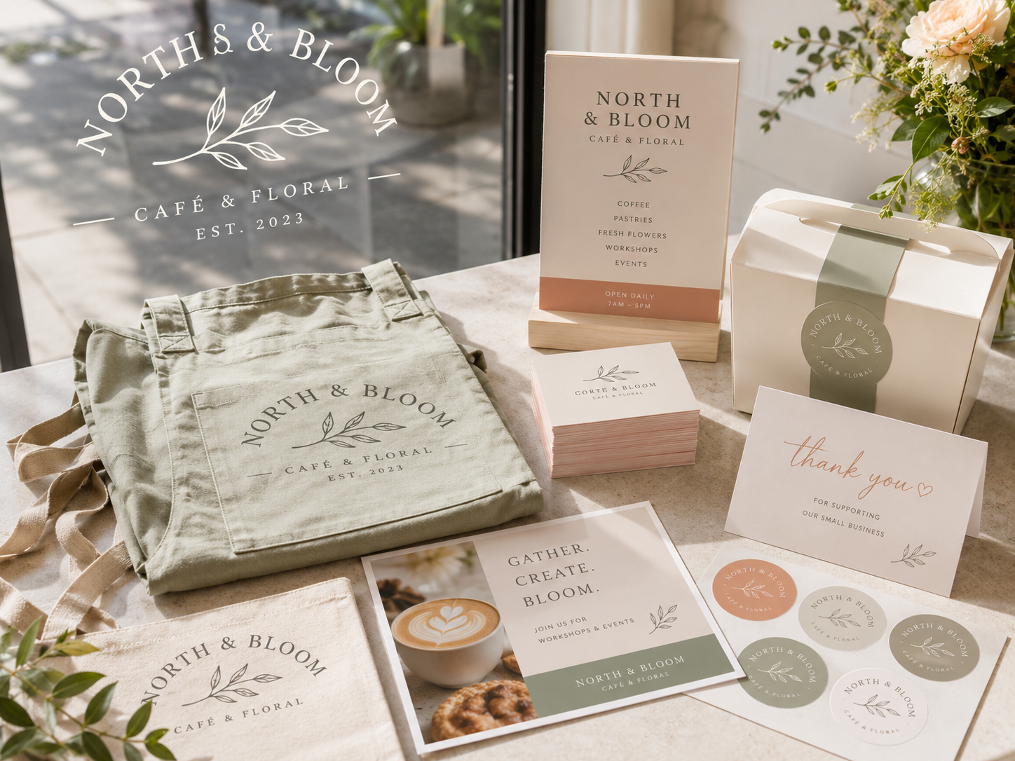 Business service composition with window lettering, tote bag, signage, business cards, box packaging, flyer, and stickers