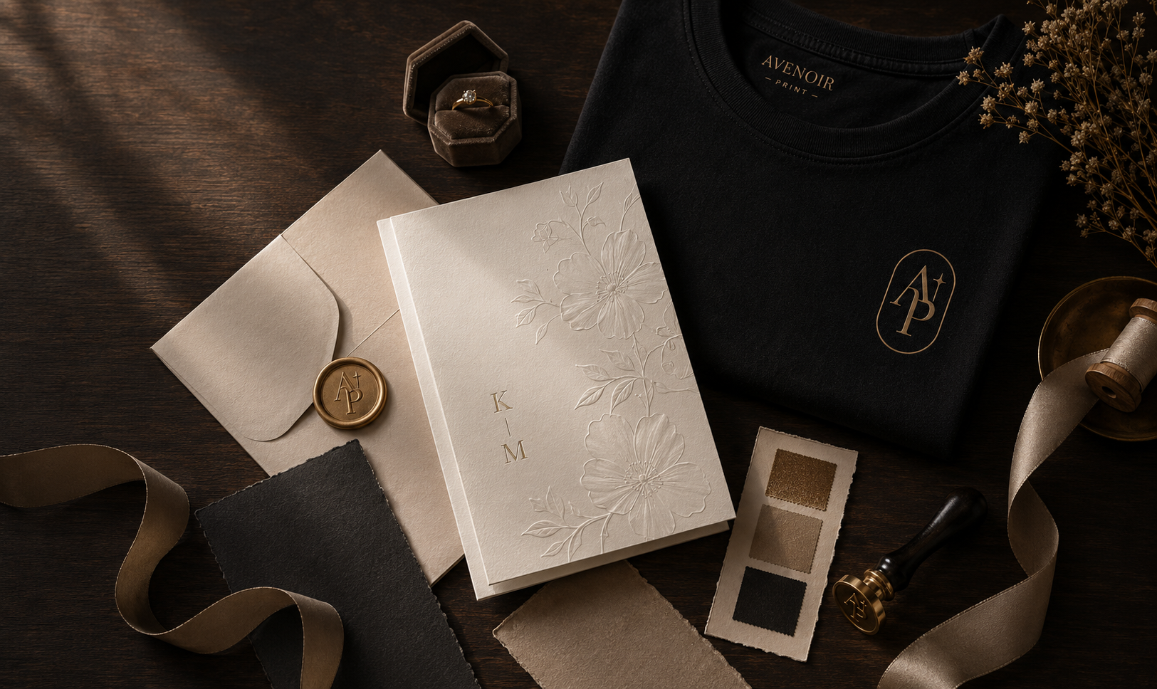 Luxury invitation suite with wax seal, ribbon, premium paper swatches, and folded black branded shirt