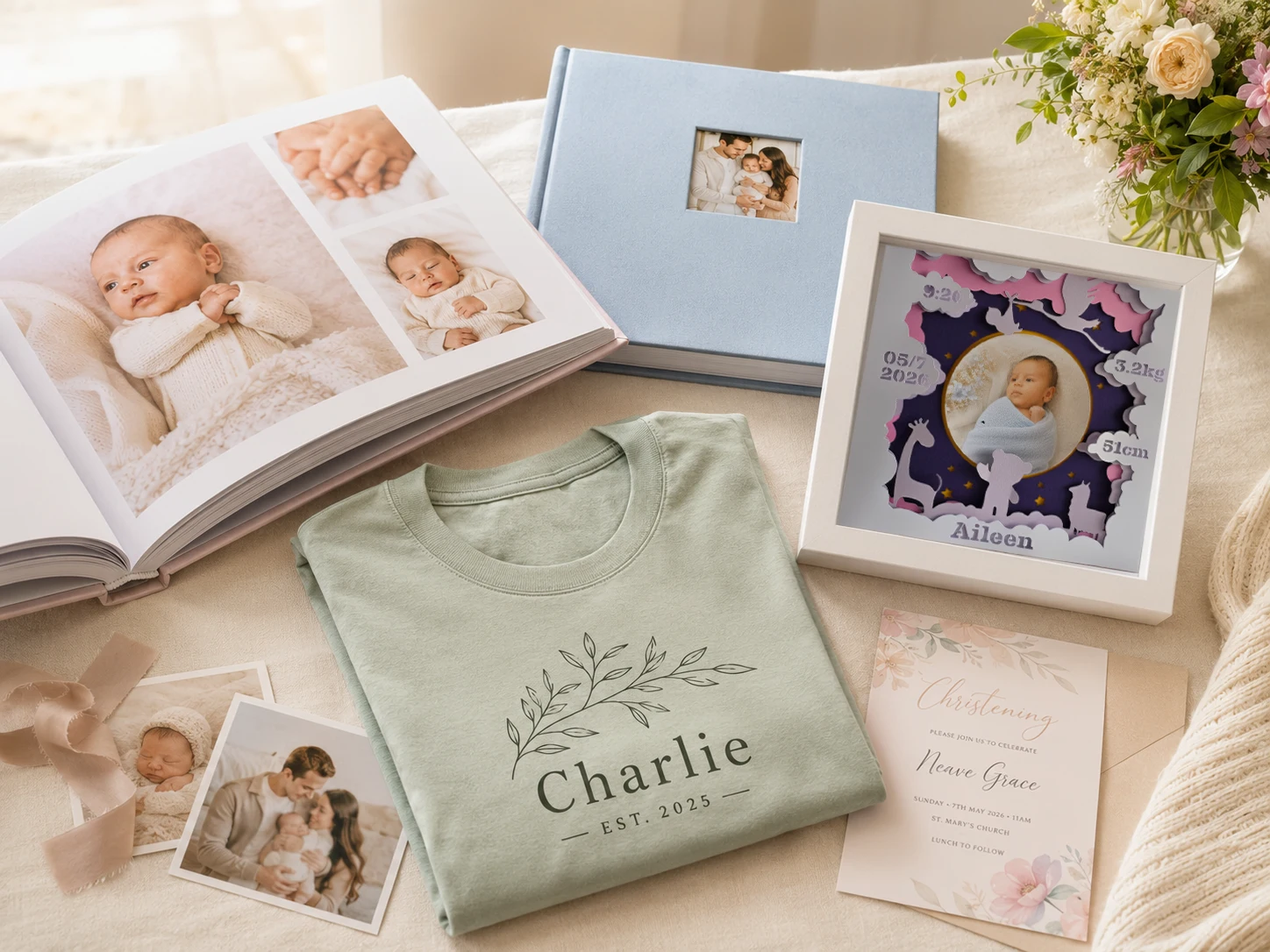Personal Avenoir services shown together with an open album, keepsake frame, folded personalized shirt, family prints, and christening card