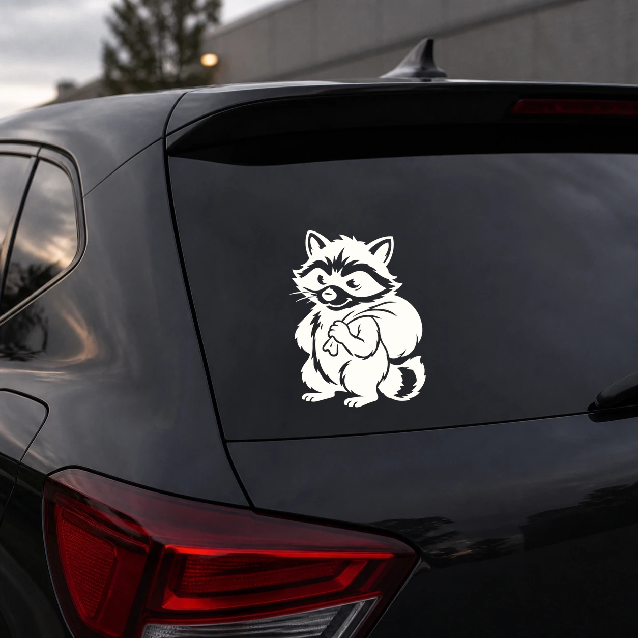 Warm ivory masked mischief raccoon decal on a dark vehicle rear window