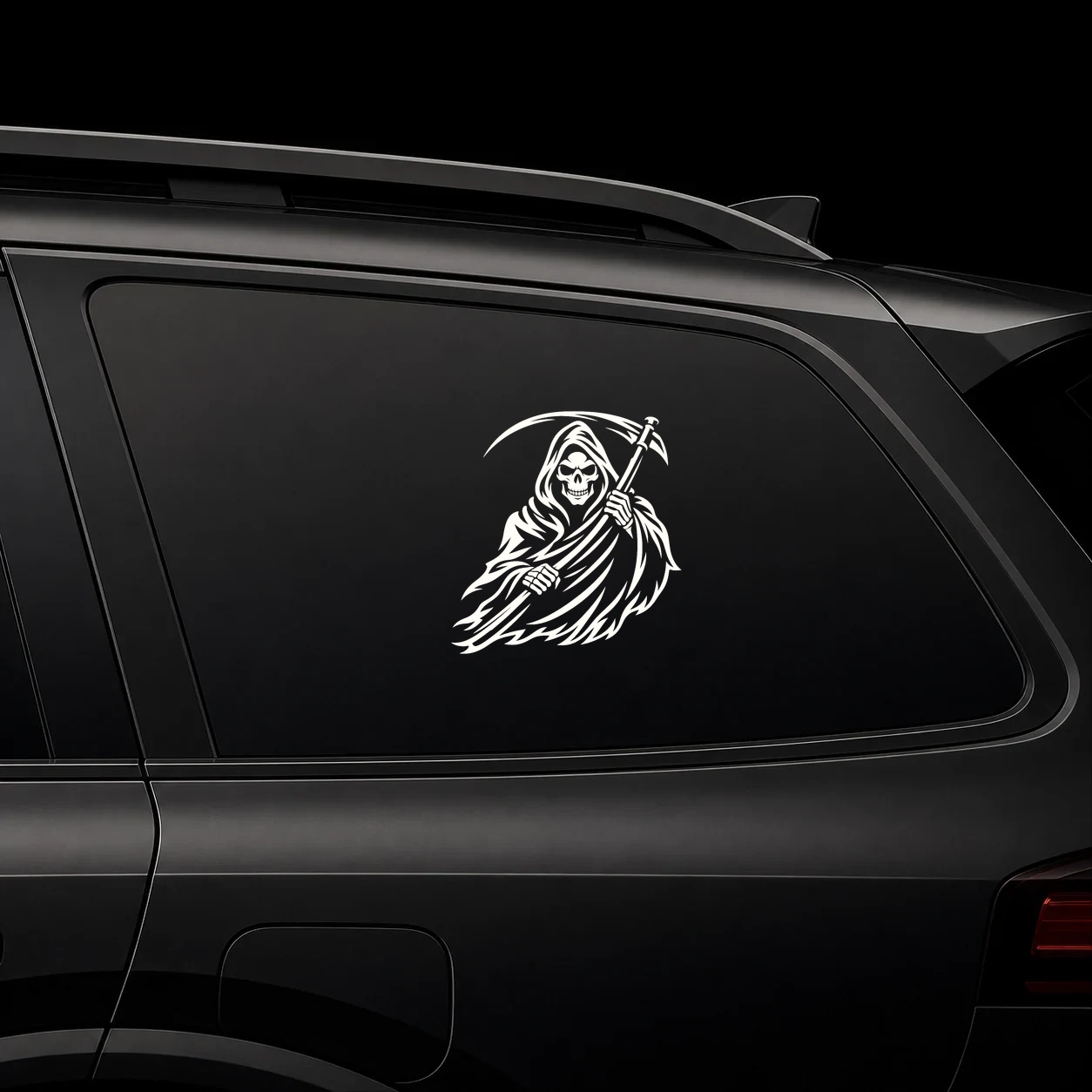 Grim reaper with scythe decal on a dark vehicle window