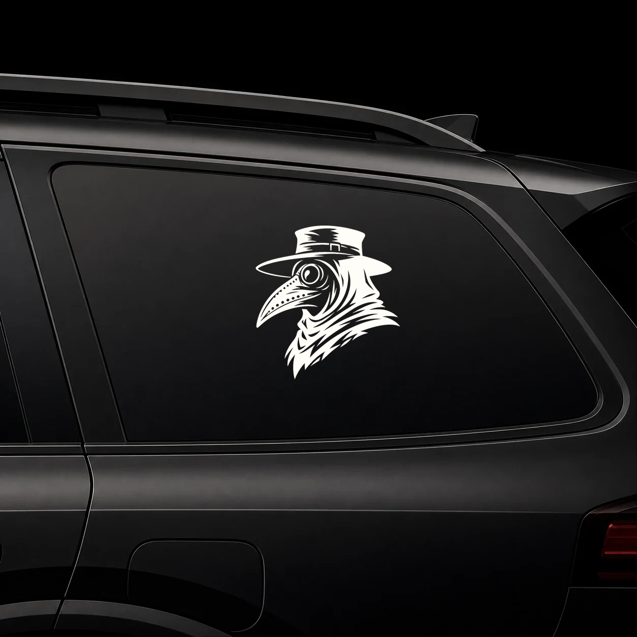 Plague doctor profile decal on a dark vehicle window