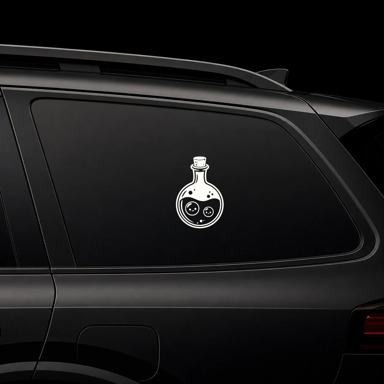 Potion bottle decal on a dark vehicle window