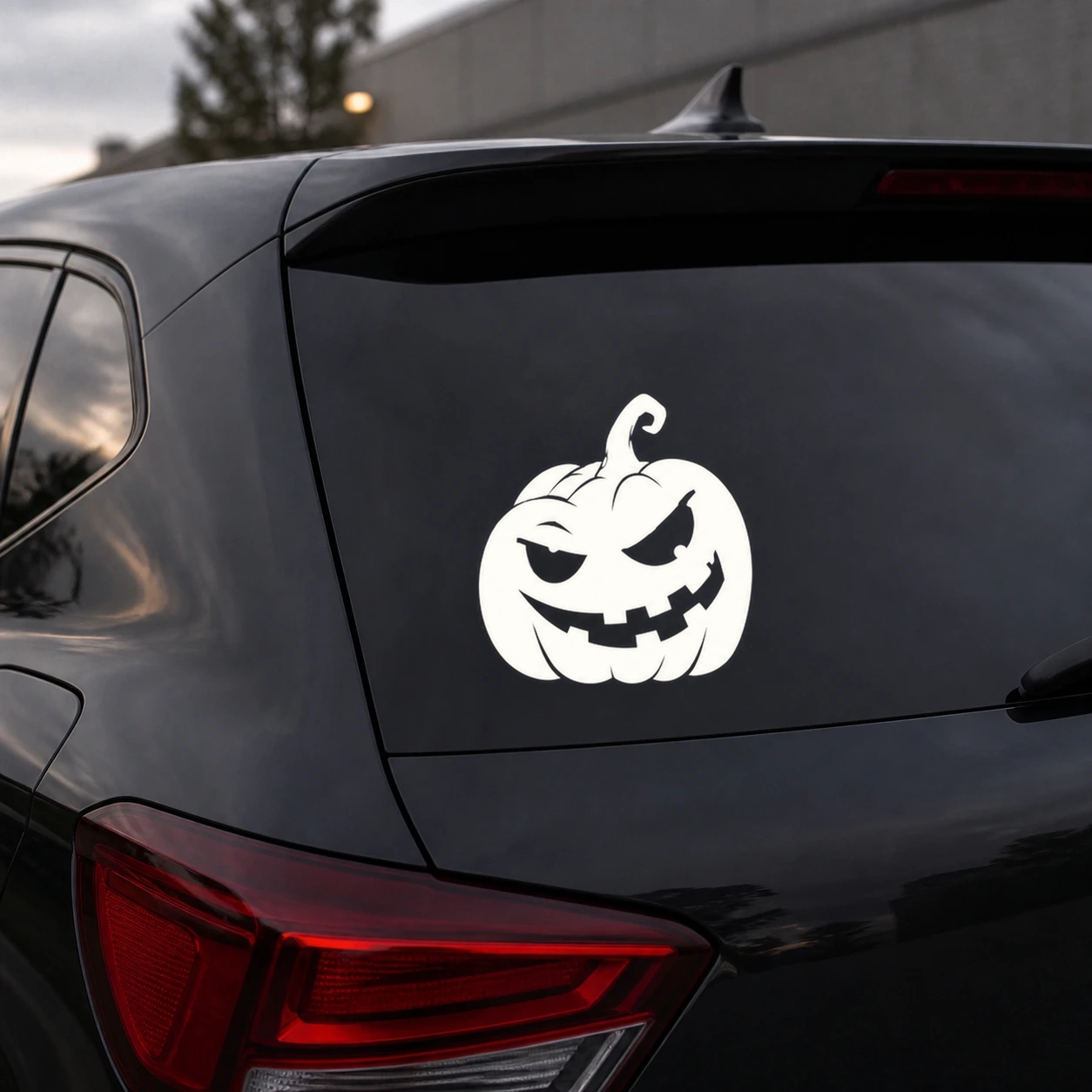 Sinister jack-o’-lantern vinyl decal on a dark vehicle rear window