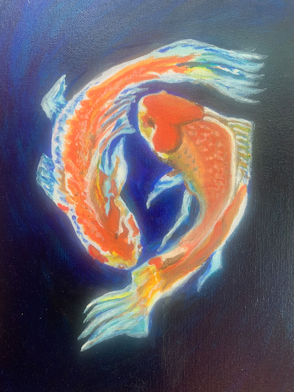 Original Pisces Dream painting of colourful koi fish on a deep blue background.