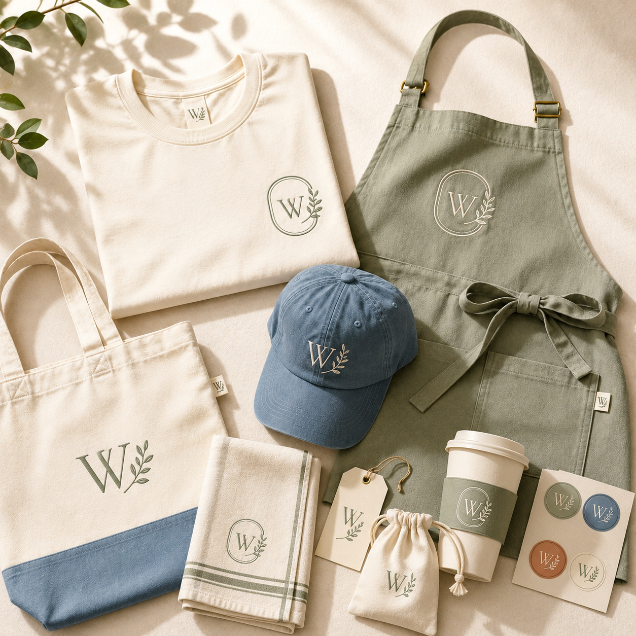Branded apparel assortment including staff shirt, apron, cap, tote, and packaging details