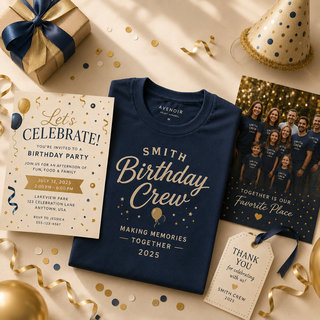 Custom birthday crew shirt and coordinated celebration details