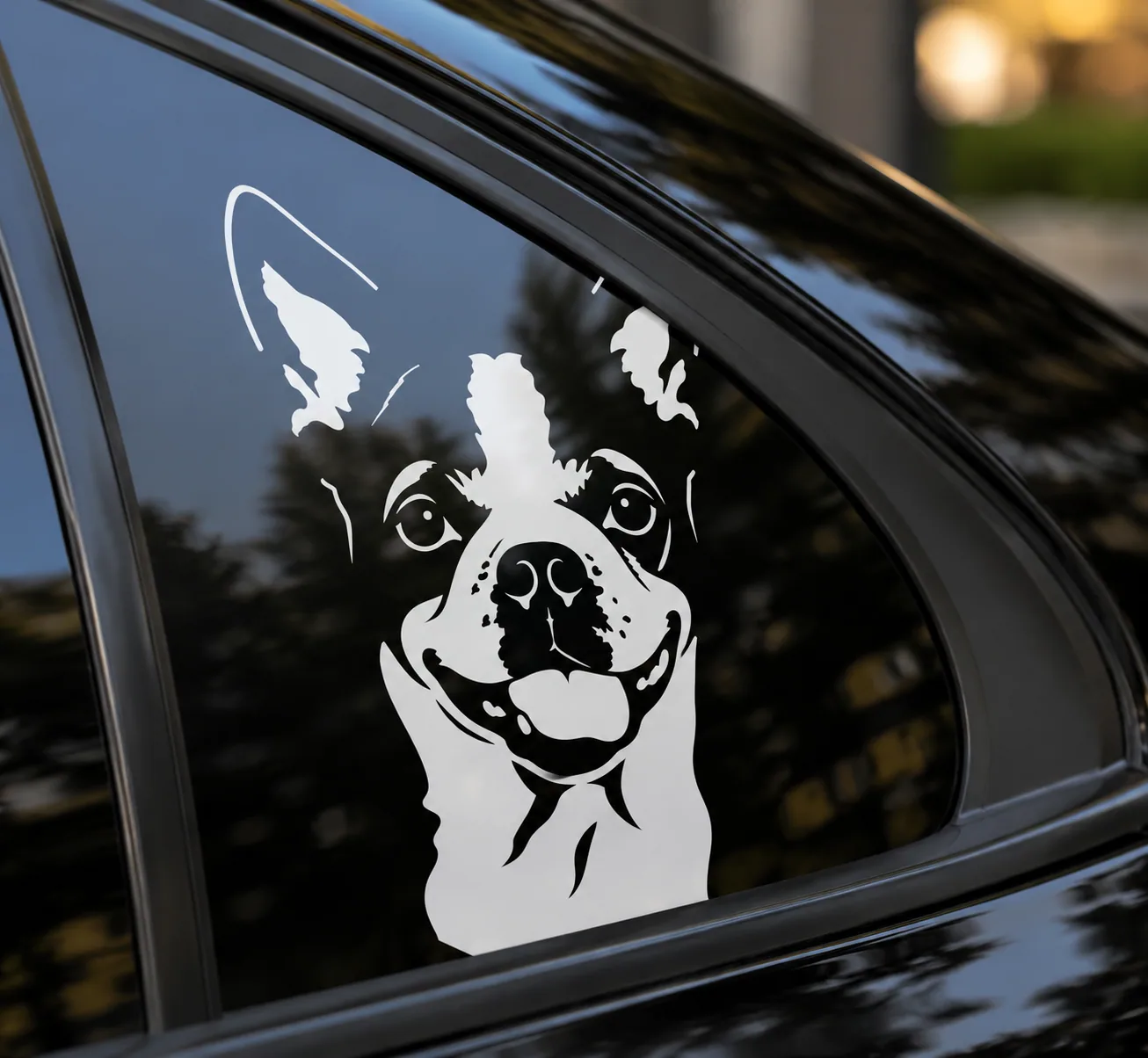 Cosmo’s finished white portrait decal installed on a dark vehicle window