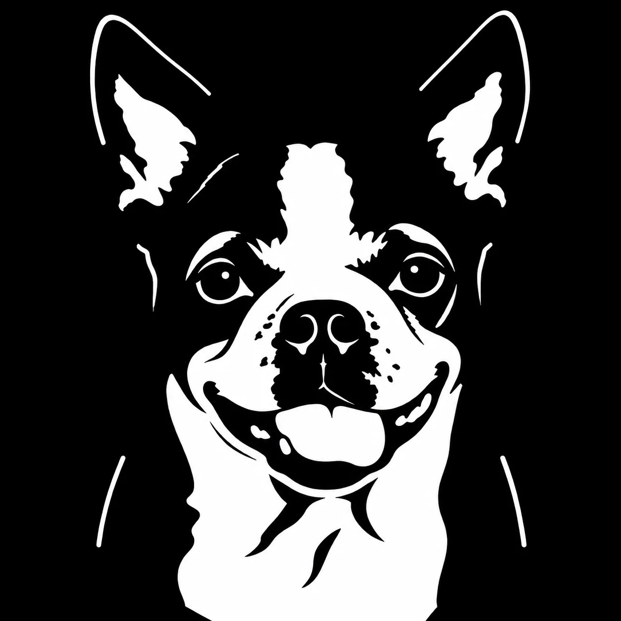 Simplified single-colour vinyl-ready portrait of Cosmo the Boston Terrier