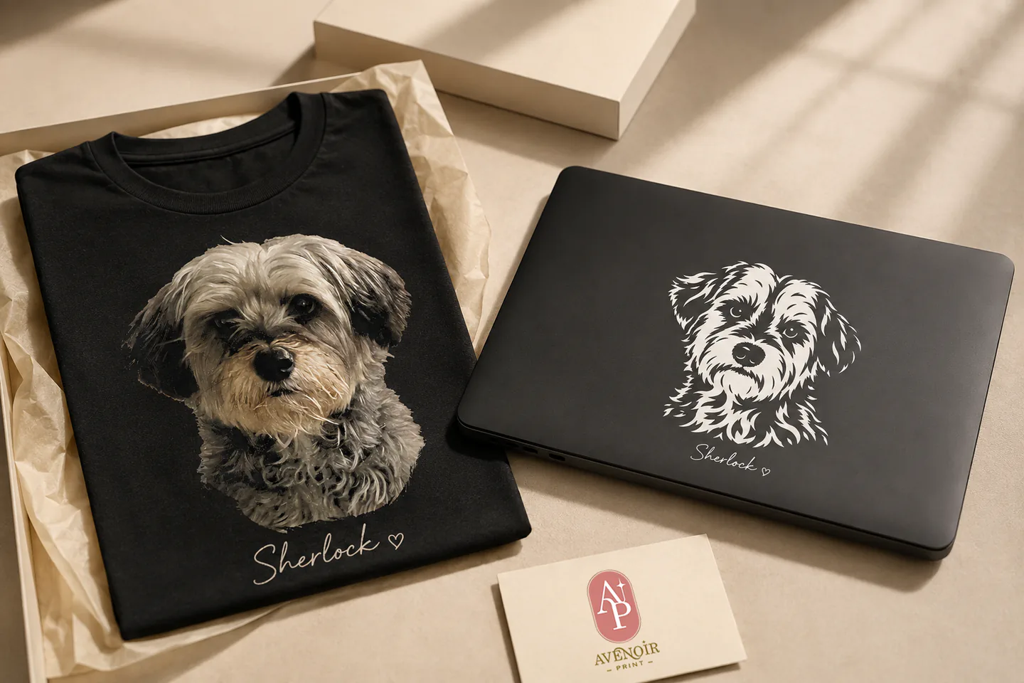 Sherlock custom pet portrait shown on a folded black T-shirt beside a matching white vinyl laptop decal