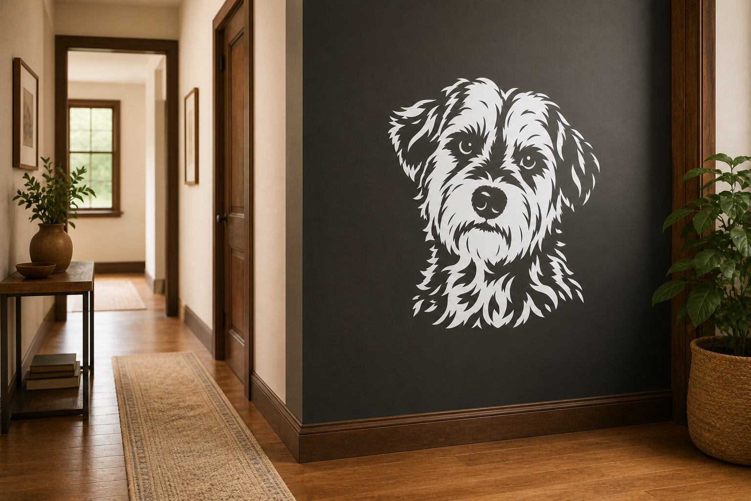 Large Sherlock pet portrait displayed as a wall mural in a finished interior