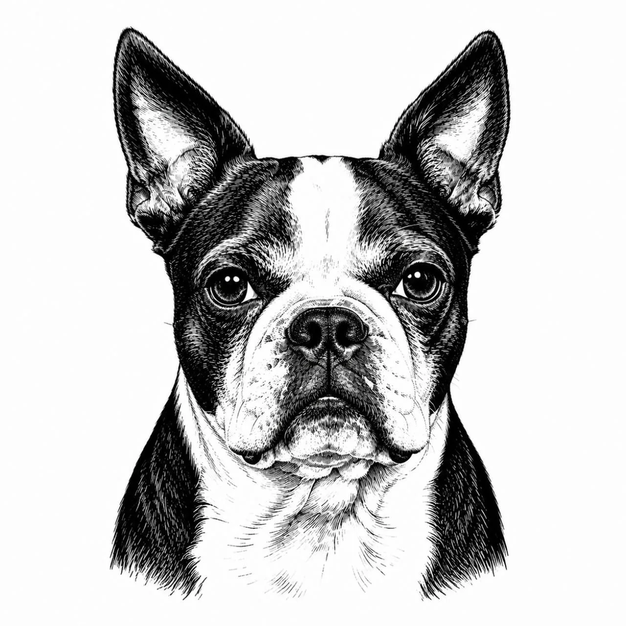 Finished black-and-white custom portrait artwork of Cosmo, an alert Boston terrier