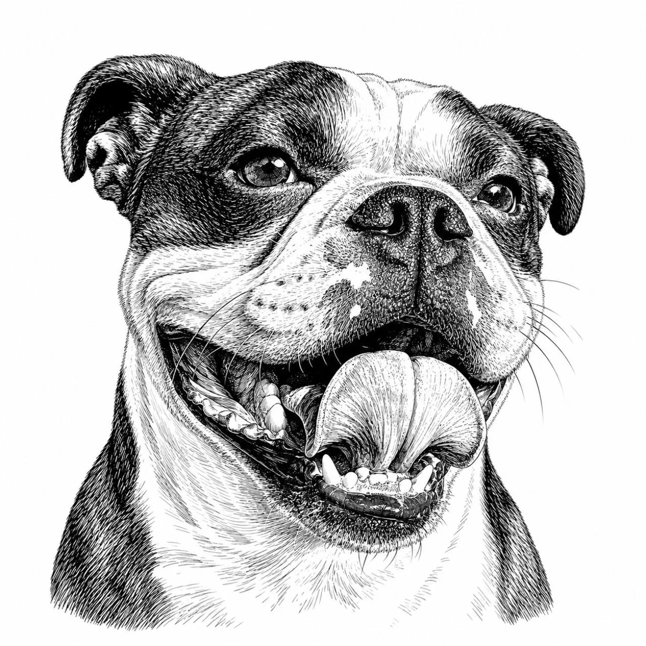Finished black-and-white custom portrait artwork of Disco, a smiling English bulldog
