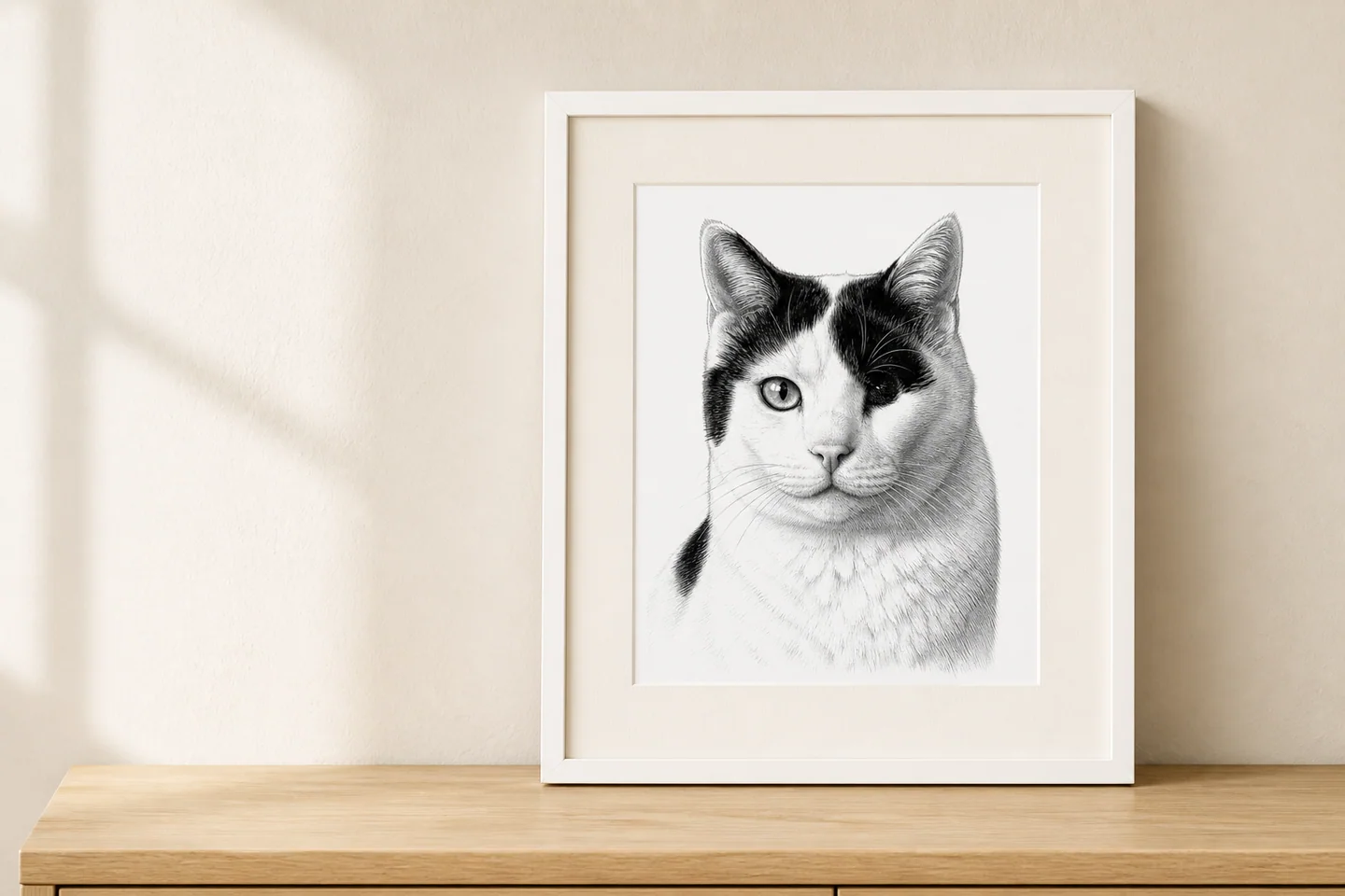Gatsby’s finished custom cat portrait displayed in a white frame
