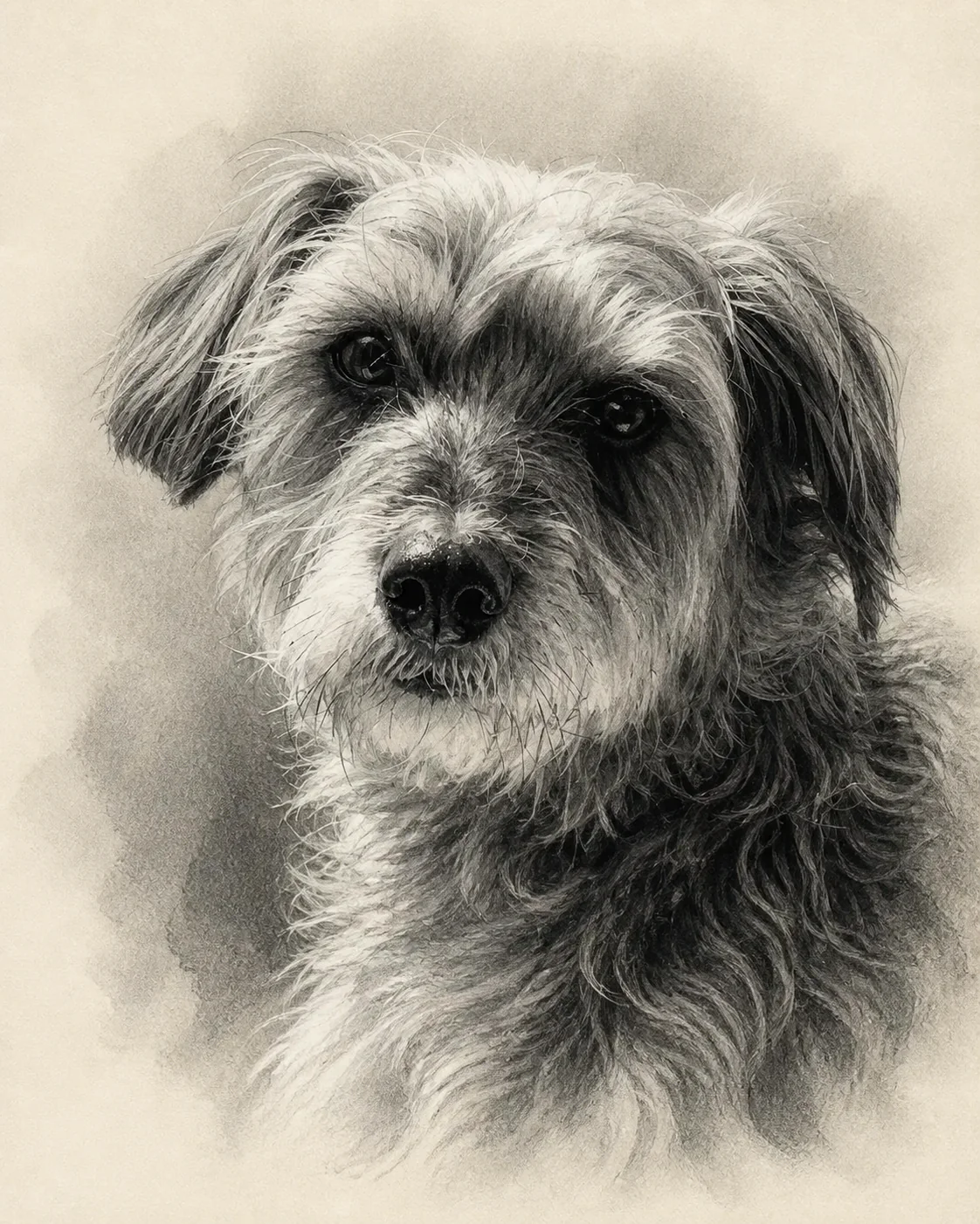 Detailed black-and-white graphite portrait of Sherlock, a long-haired grey dog