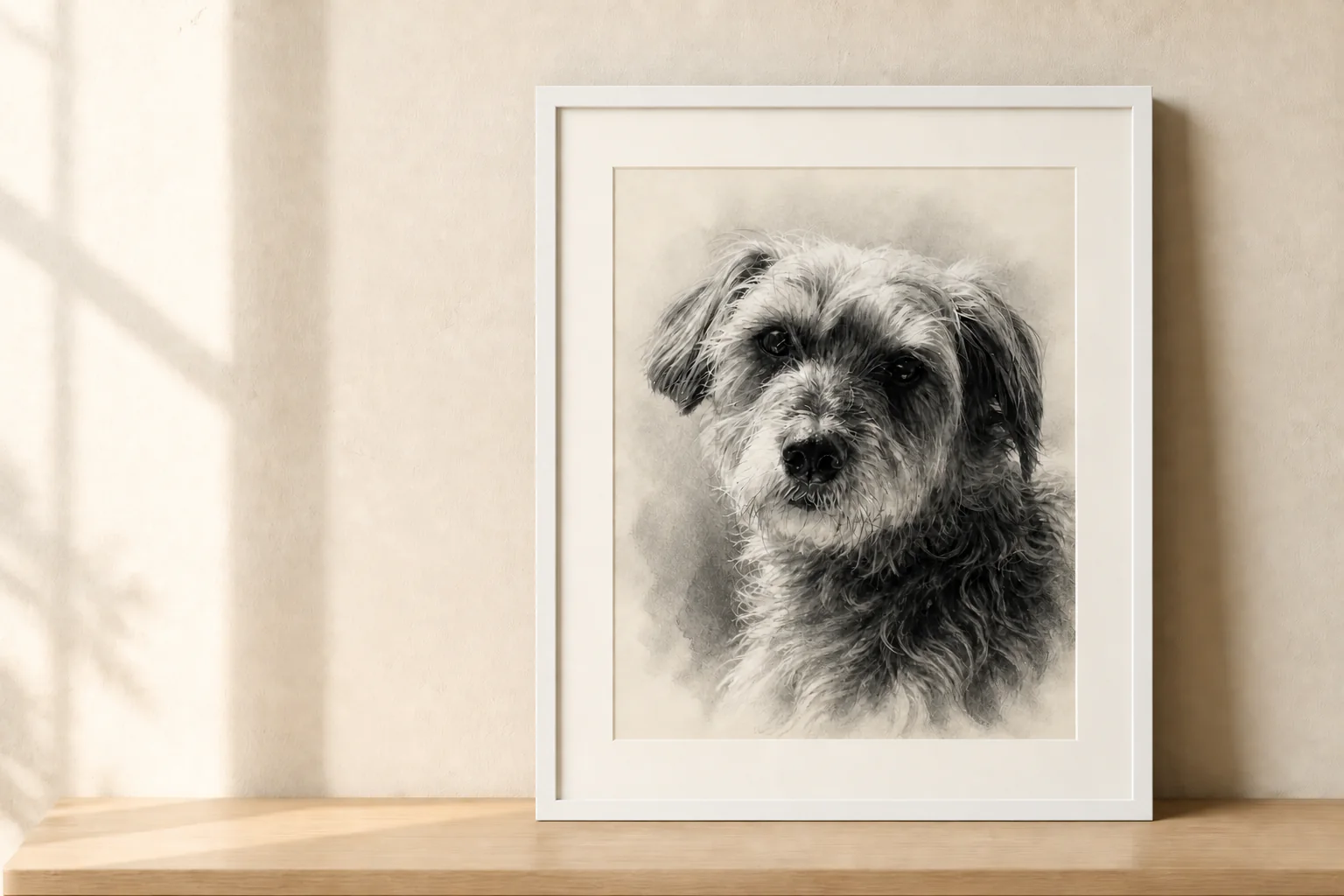 Sherlock’s detailed portrait printed and displayed in a ready-to-hang white frame