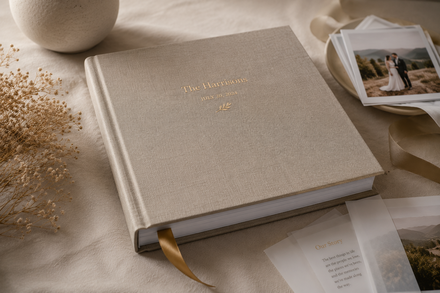 Closed keepsake album with personalized cover and fabric texture