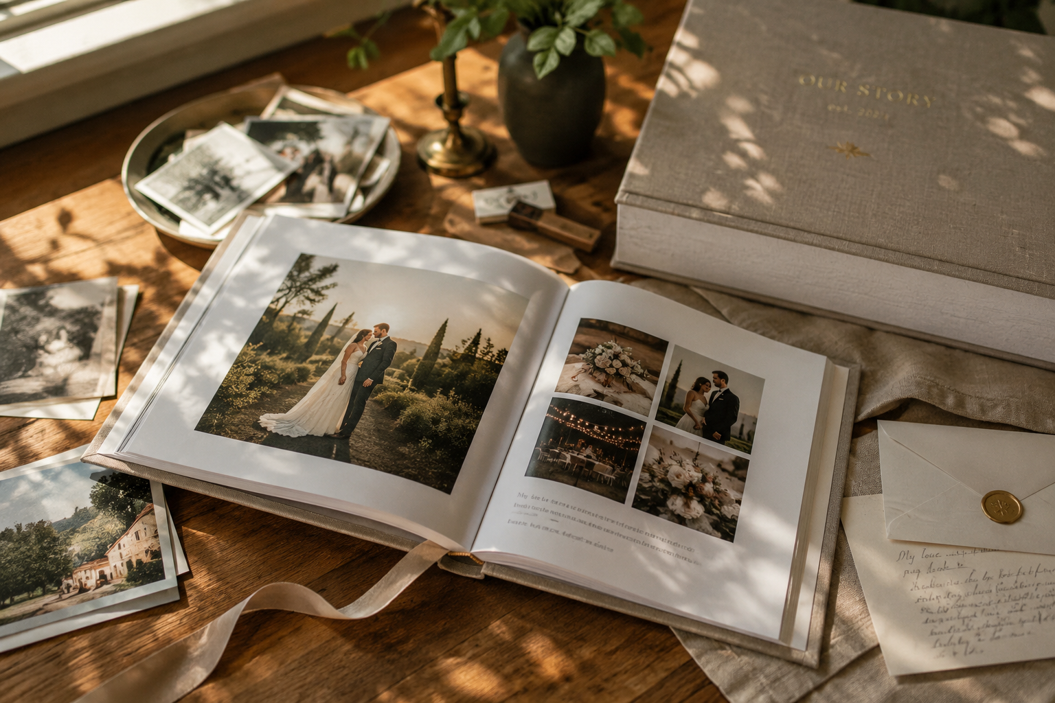Open keepsake album with printed photographs and warm editorial styling