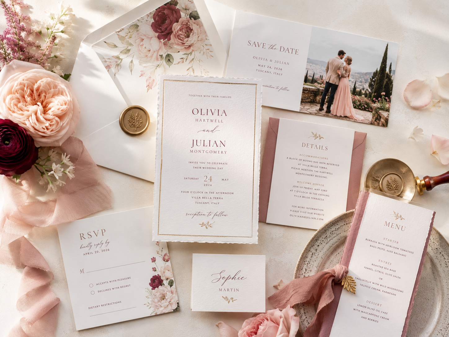 Bright wedding stationery suite with floral liner, save the date, menu, wax seal, and soft blush details