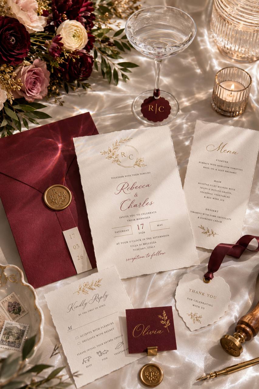 Wedding invitation suite with burgundy envelope, menu card, wax seals, and refined paper details