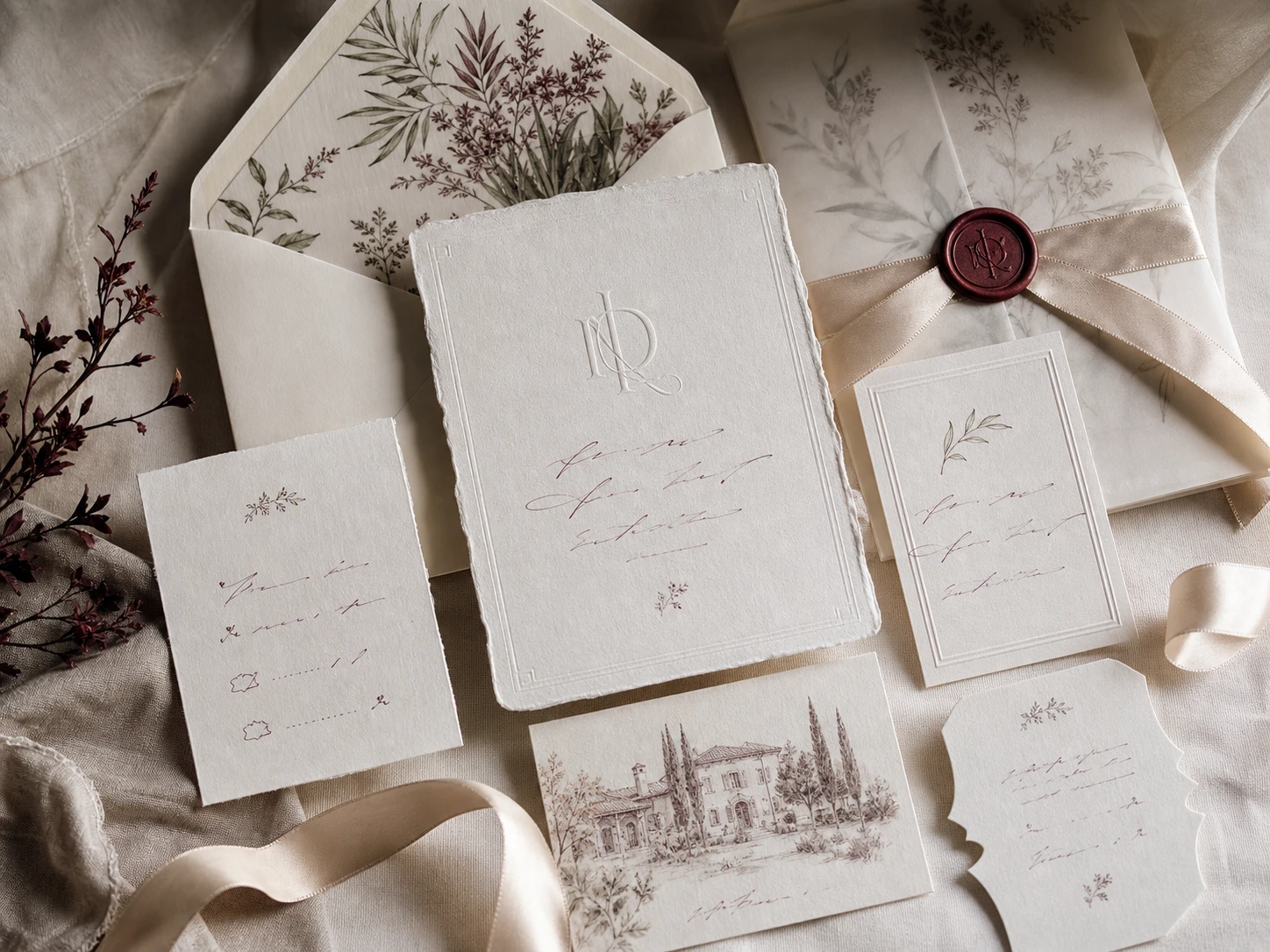Bespoke ivory wedding stationery suite with venue illustration, monogram, botanical liner, vellum wrap, ribbon, and wax seal