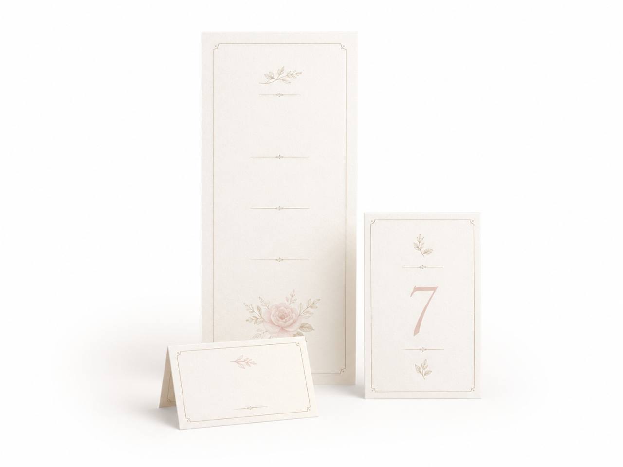 Wedding day-of paper details including menus, place cards, and table numbers