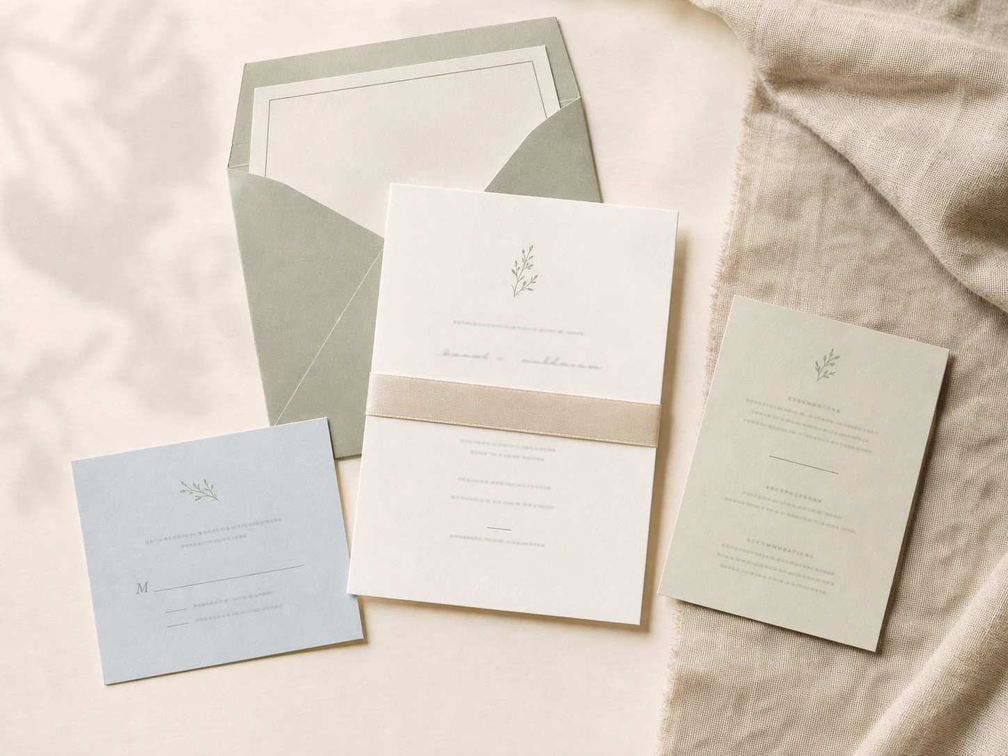 Refined semi-custom suite with invitation, RSVP, details card, sage envelope liner, and champagne ribbon