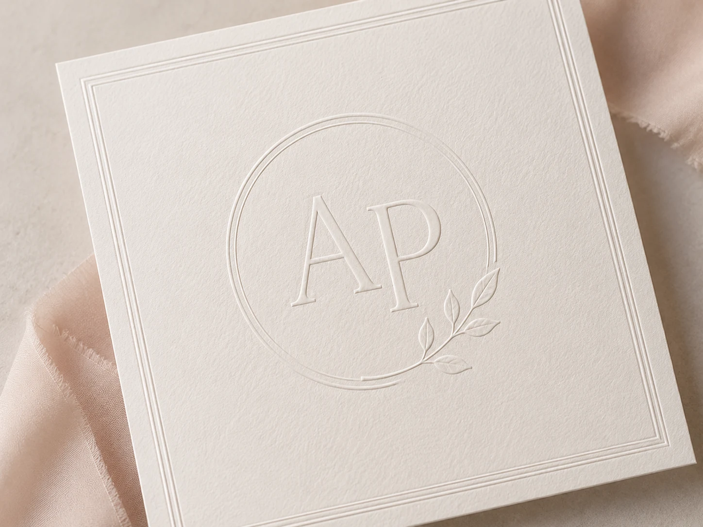 Ivory embossed wedding stationery card with raised monogram, border, and botanical detail