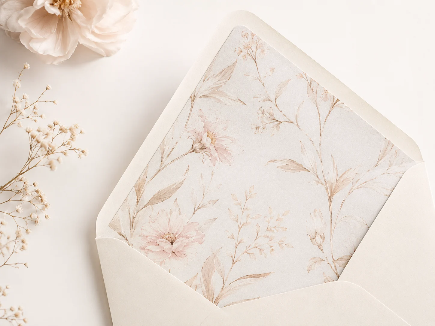 Soft floral envelope liner inside an ivory wedding envelope