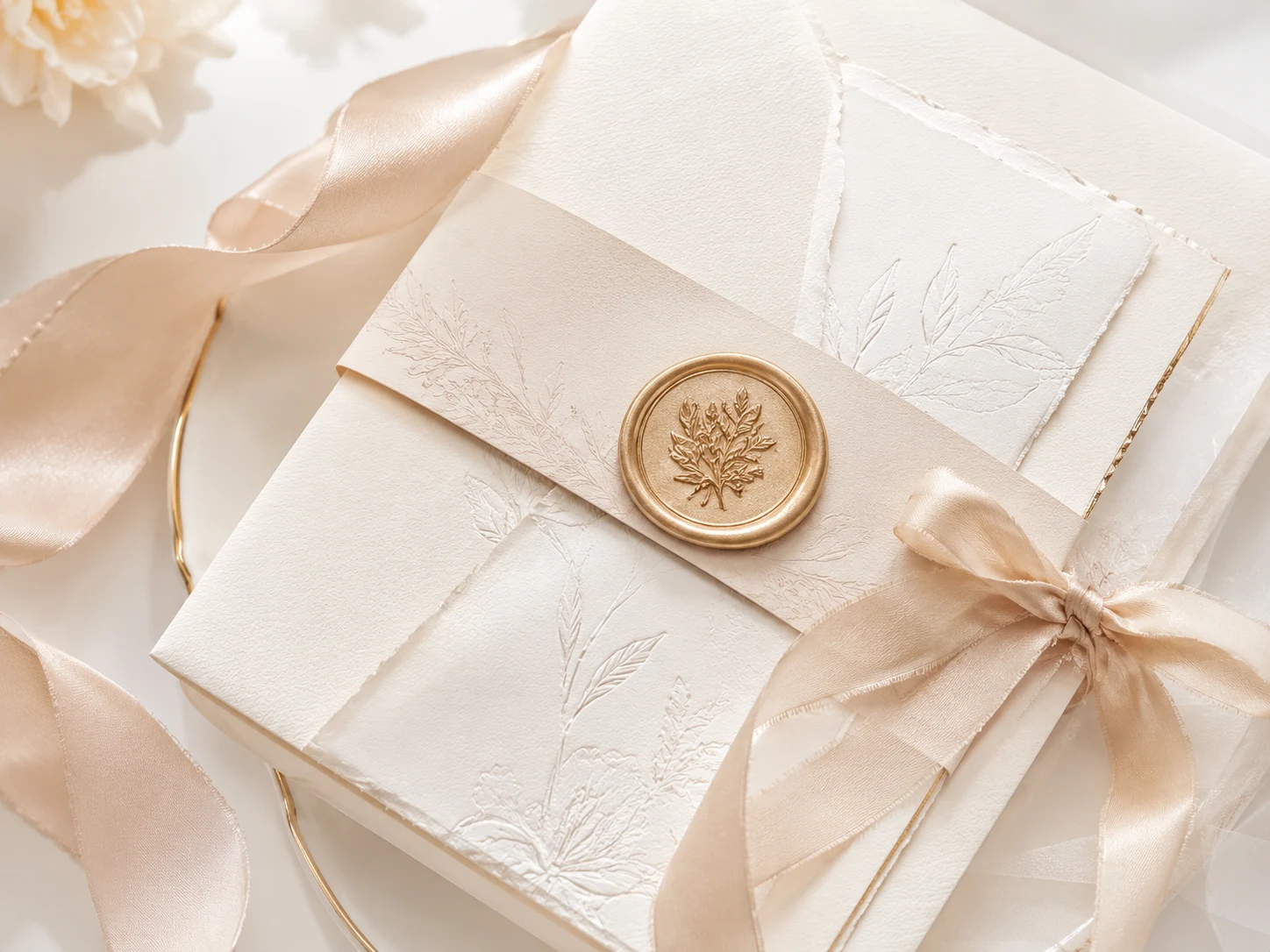 Gold botanical wax seal and champagne ribbon on ivory wedding stationery